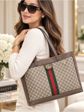 Authentic Gucci Ophidia GG Supreme Large Tote Bag Web Stripe w/ Pouch Bag